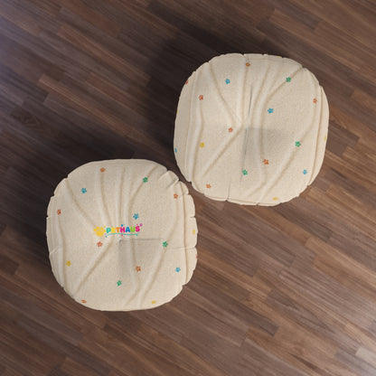 Round Tufted Floor Pillow — Cozy Cream Paw Print Cushion