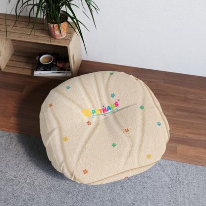 Round Tufted Floor Pillow — Cozy Cream Paw Print Cushion